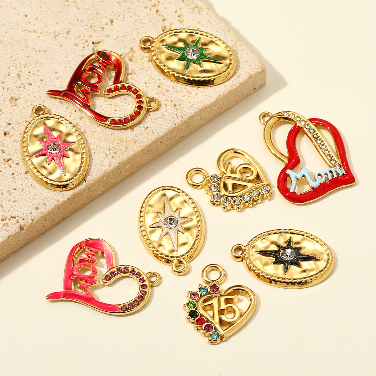 6pcs/pack Stainless Steel Rhinestone Heart Mom DIY Charms Number 15 Star Necklace Pendant Women Oval Jewelry Wholesale