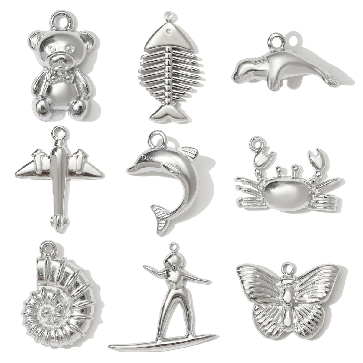 6pcs/pack Stainless Steel Butterfly Bear Plane Necklace Pendant Mirror Polish Dolphin Crab Shell DIY  Charm Women Surfer Jewelry