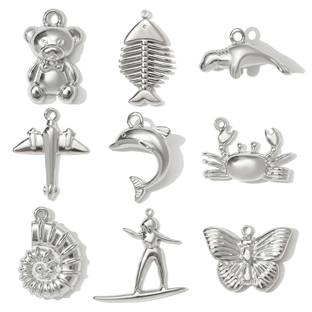 6pcs/pack Stainless Steel Butterfly Bear Plane Necklace Pendant Mirror Polish Dolphin Crab Shell DIY  Charm Women Surfer Jewelry