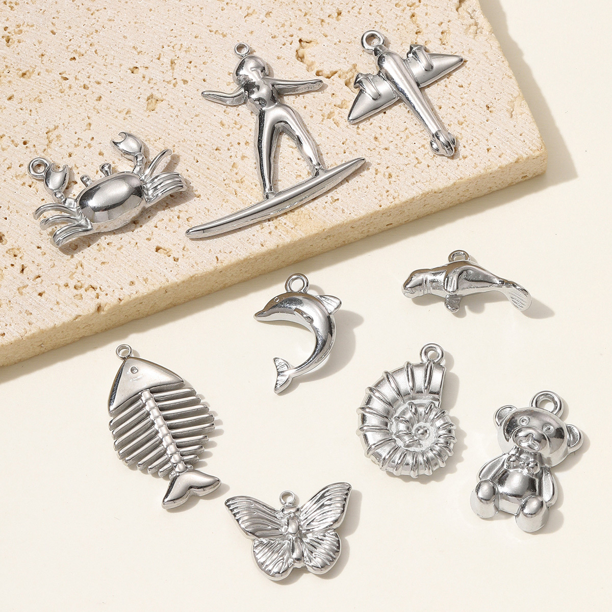 6pcs/pack Stainless Steel Butterfly Bear Plane Necklace Pendant Mirror Polish Dolphin Crab Shell DIY  Charm Women Surfer Jewelry