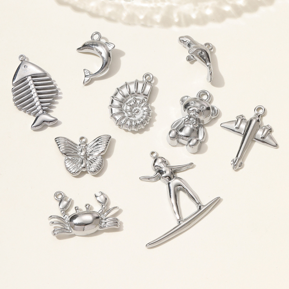 6pcs/pack Stainless Steel Butterfly Bear Plane Necklace Pendant Mirror Polish Dolphin Crab Shell DIY  Charm Women Surfer Jewelry