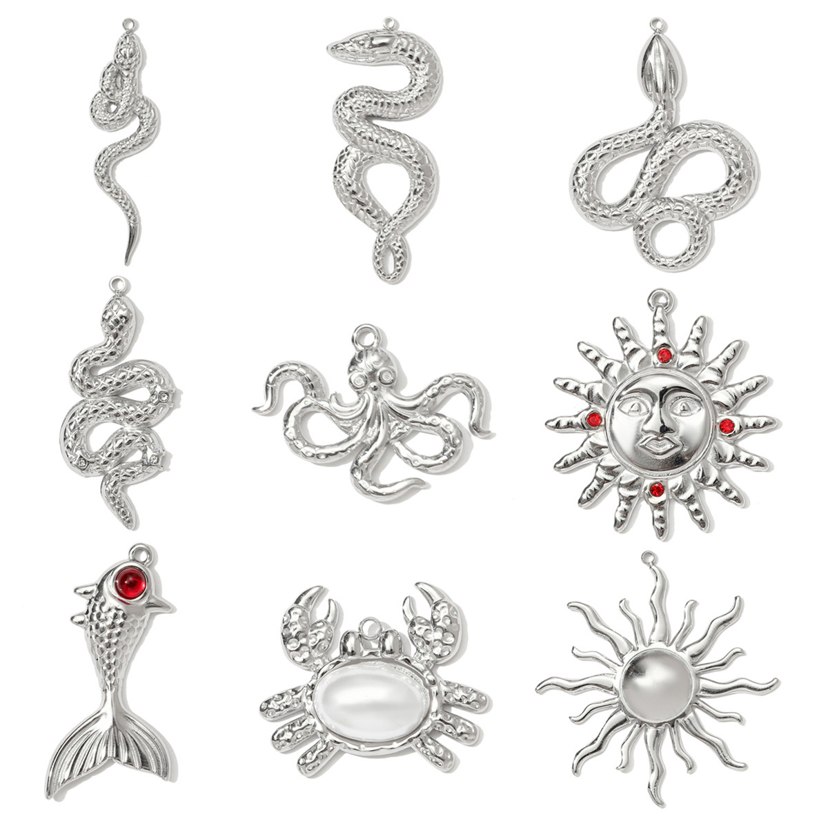 6pcs/pack Stainless Steel Rhinestone Sun Fish Necklace Pendant Mirror Polish Snake Octopus DIY Earring Charm Women Crab Jewelry