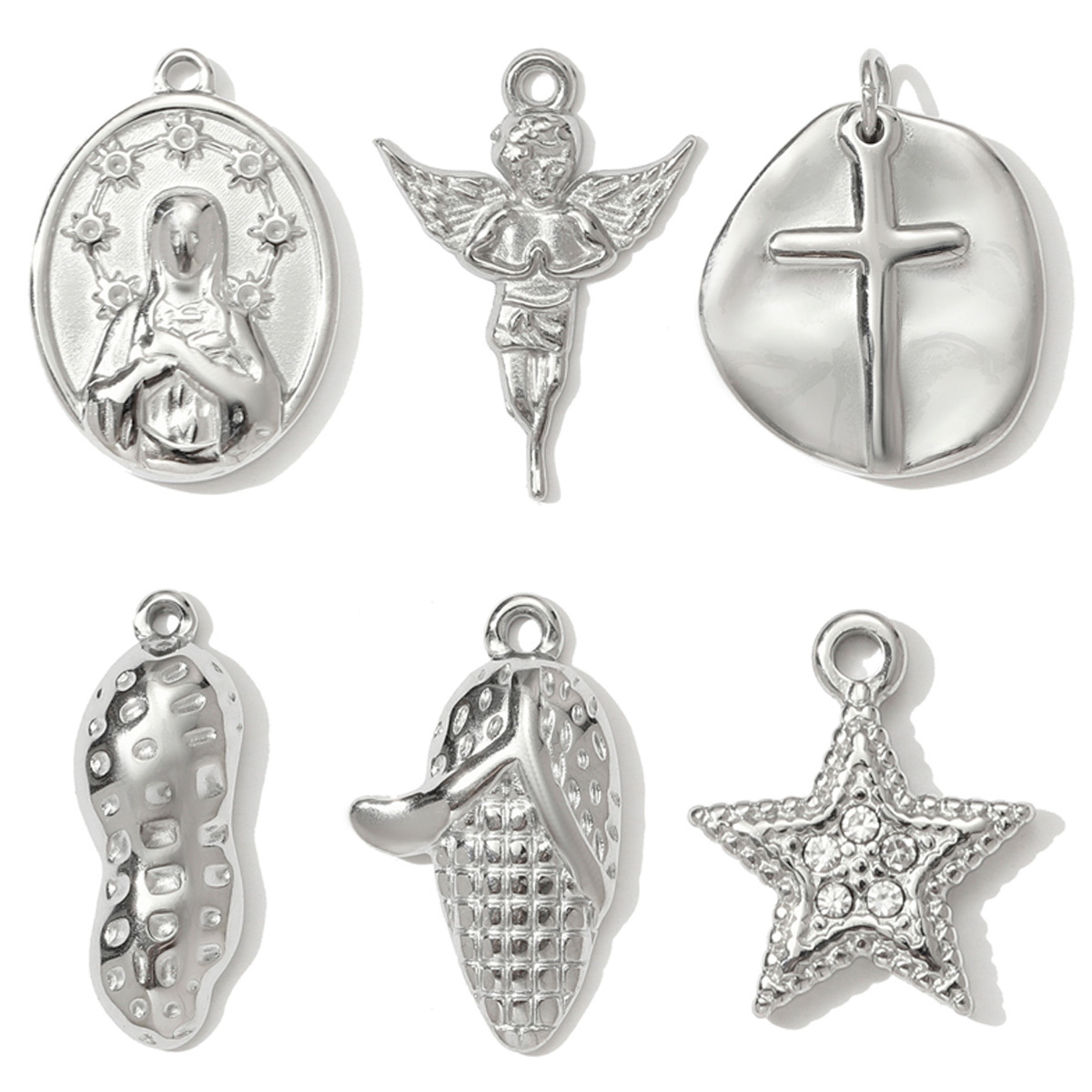 6pcs/pack Mirror Polish Cross Holy Mother Necklace Pendant Stainless Steel Peanut Cron DIY Earring Charm Women Angel Jewelry