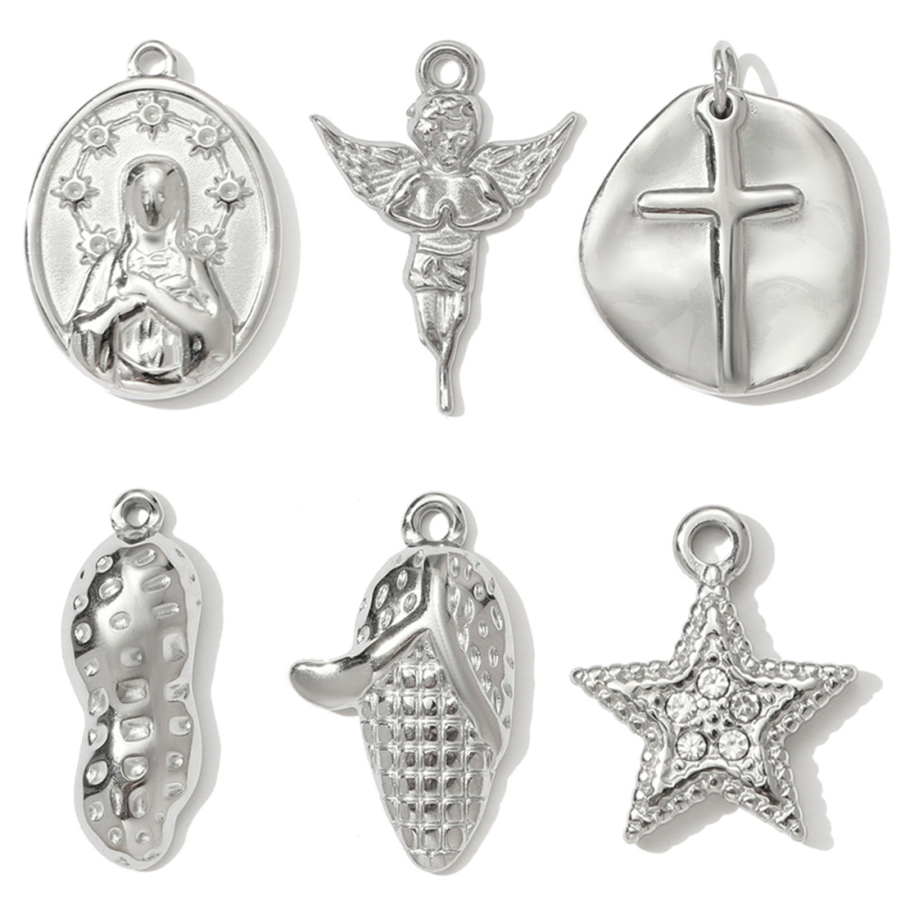 6pcs/pack Mirror Polish Cross Holy Mother Necklace Pendant Stainless Steel Peanut Cron DIY Earring Charm Women Angel Jewelry