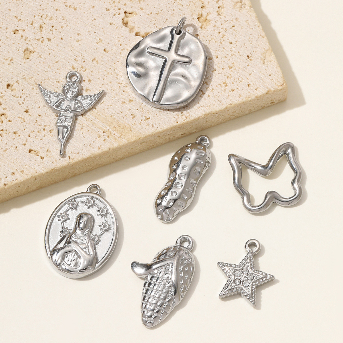 6pcs/pack Mirror Polish Cross Holy Mother Necklace Pendant Stainless Steel Peanut Cron DIY Earring Charm Women Angel Jewelry
