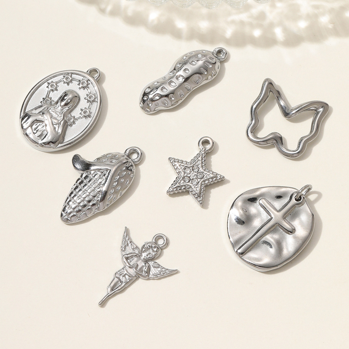6pcs/pack Mirror Polish Cross Holy Mother Necklace Pendant Stainless Steel Peanut Cron DIY Earring Charm Women Angel Jewelry