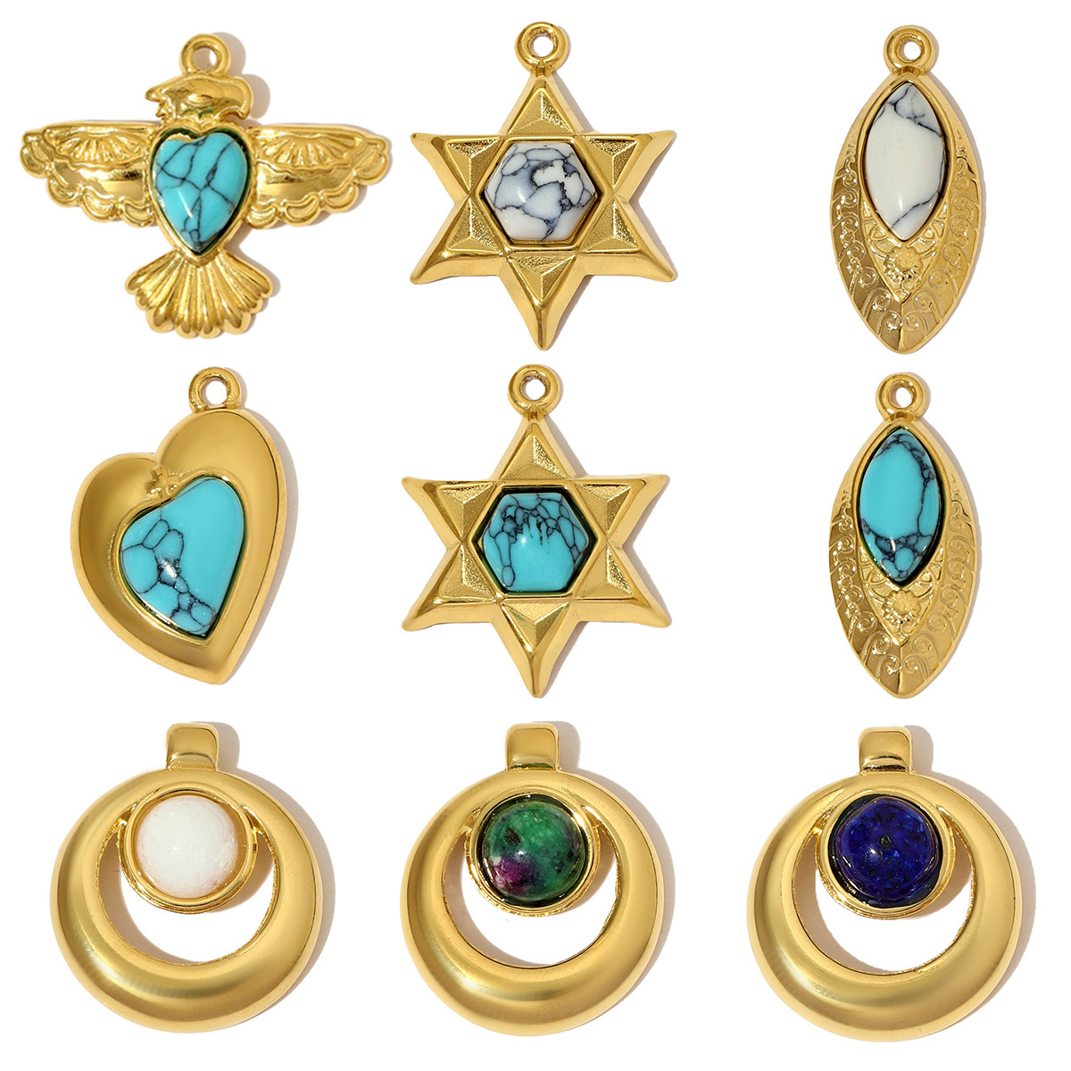6pcs/pack French Retro Stainless Steel The Star of David Heart Necklace Pendant Natural Stone DIY Charms Women Bird Eye Jewelry