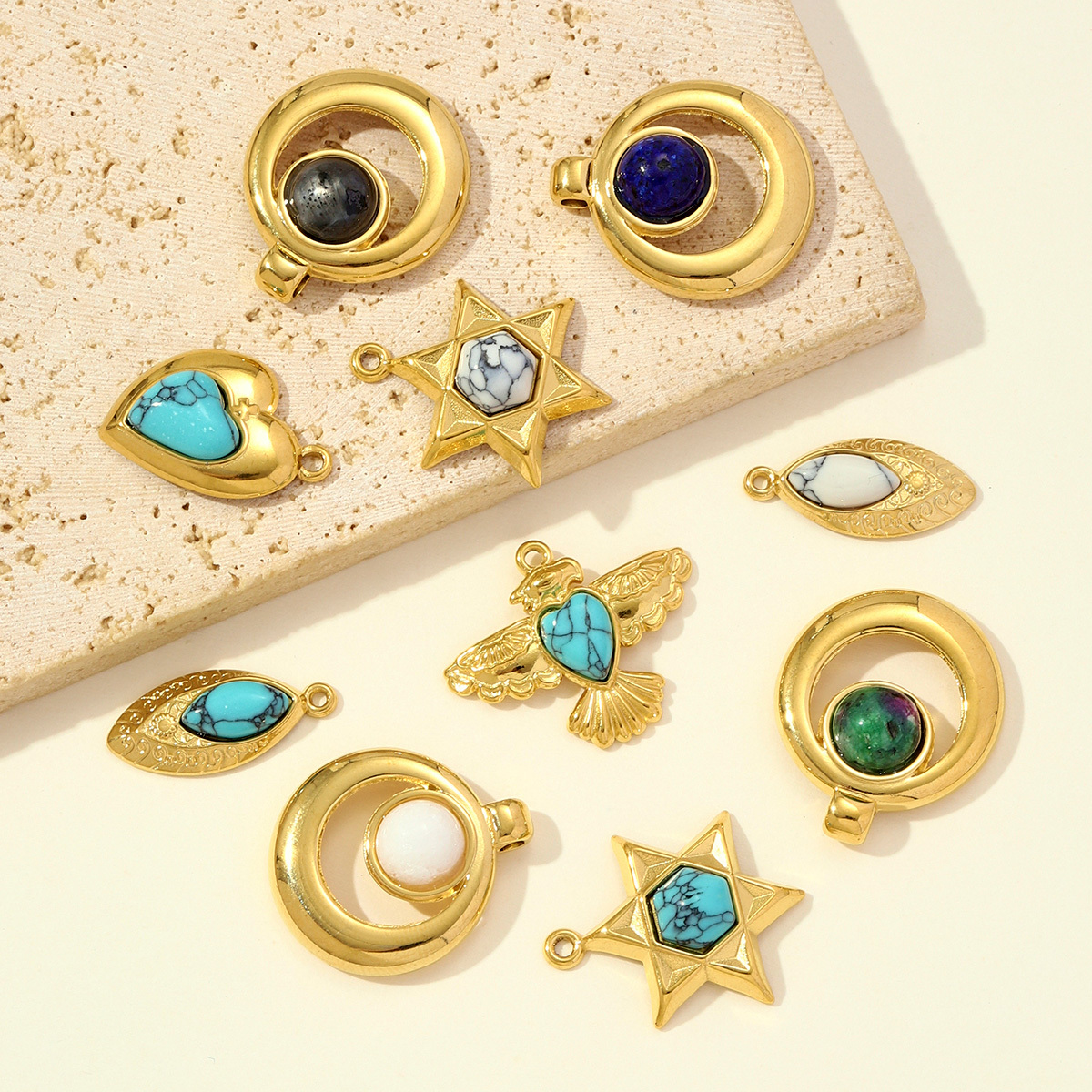 6pcs/pack French Retro Stainless Steel The Star of David Heart Necklace Pendant Natural Stone DIY Charms Women Bird Eye Jewelry