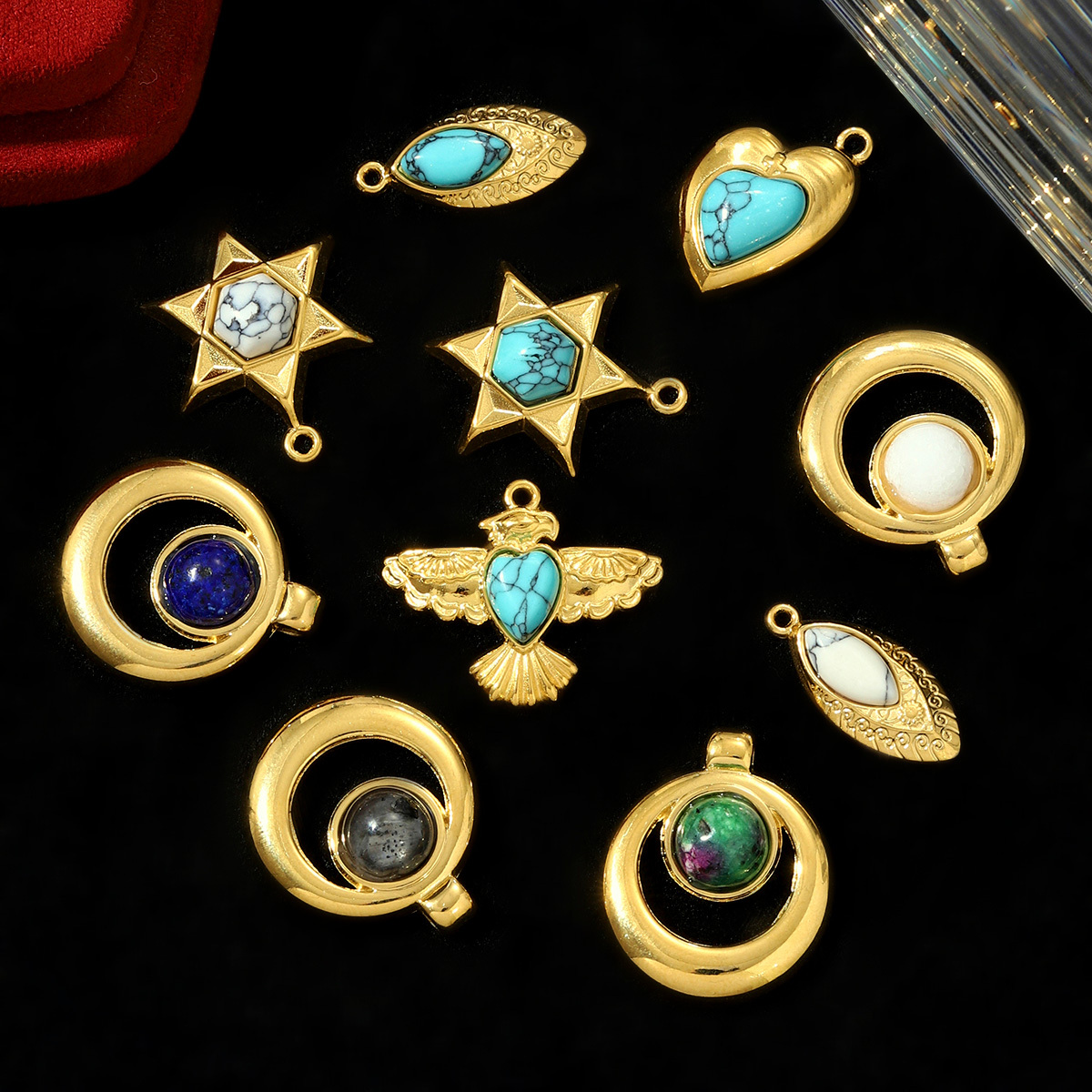 6pcs/pack French Retro Stainless Steel The Star of David Heart Necklace Pendant Natural Stone DIY Charms Women Bird Eye Jewelry