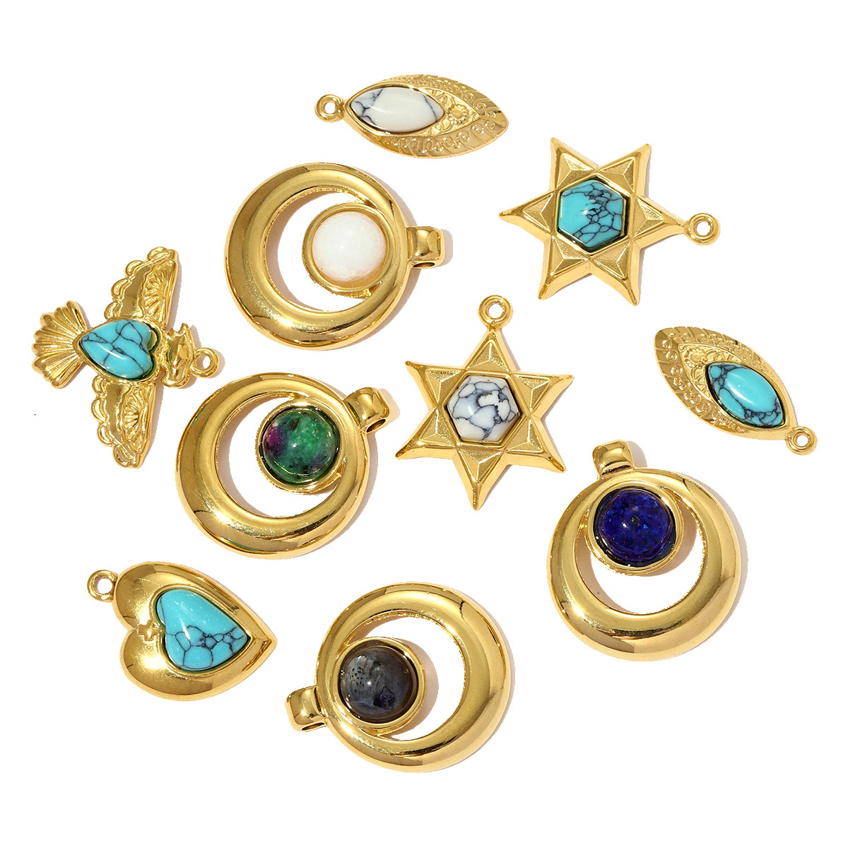 6pcs/pack French Retro Stainless Steel The Star of David Heart Necklace Pendant Natural Stone DIY Charms Women Bird Eye Jewelry