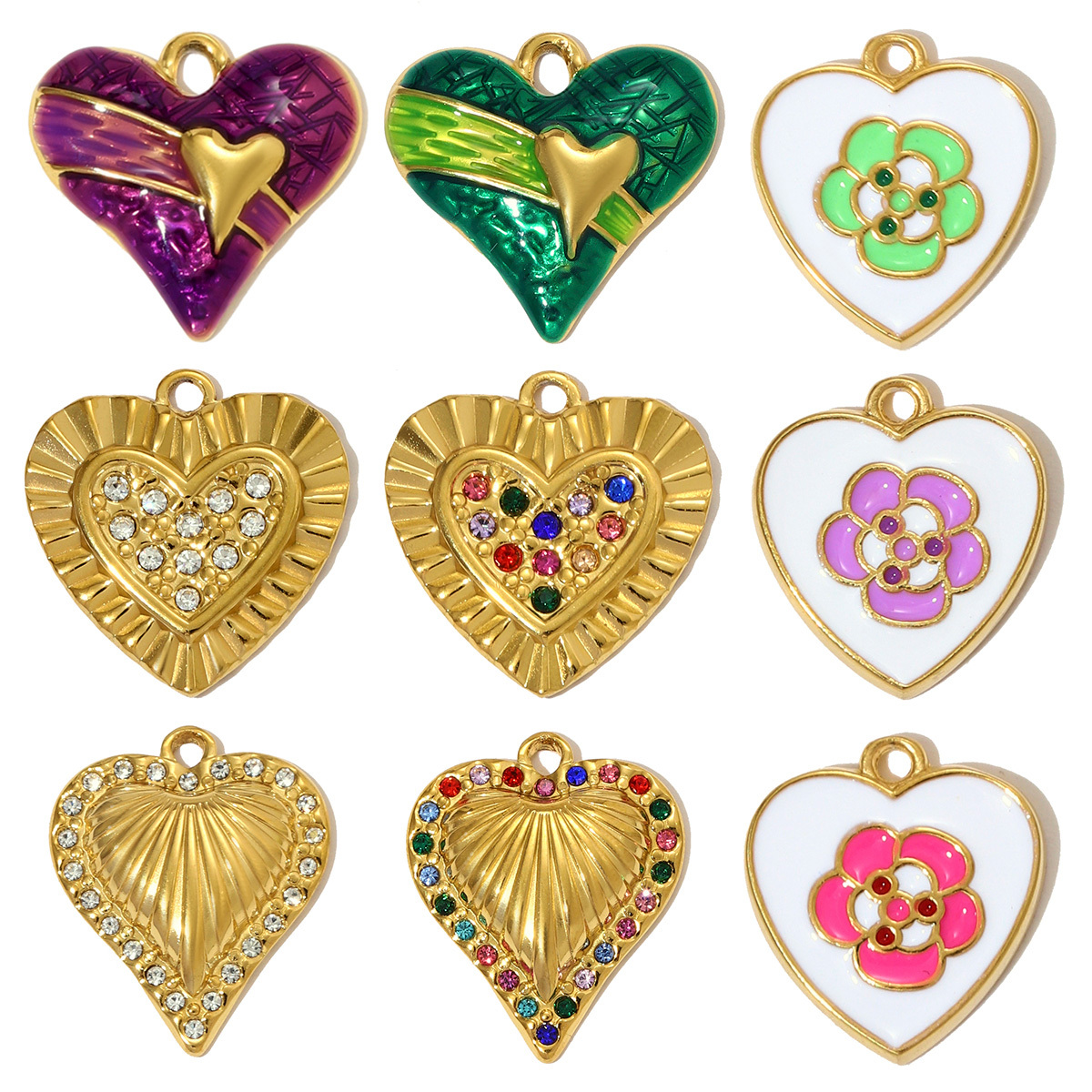 6pcs/pack Fashion Stainless Steel Rhinestone Heart Necklace Pendants Enamel Flower DIY Earring Charms Women Bird Eye Jewelry