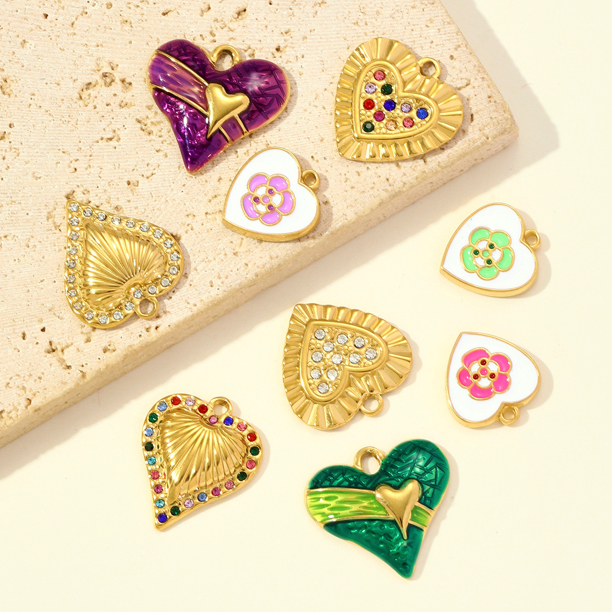 6pcs/pack Fashion Stainless Steel Rhinestone Heart Necklace Pendants Enamel Flower DIY Earring Charms Women Bird Eye Jewelry