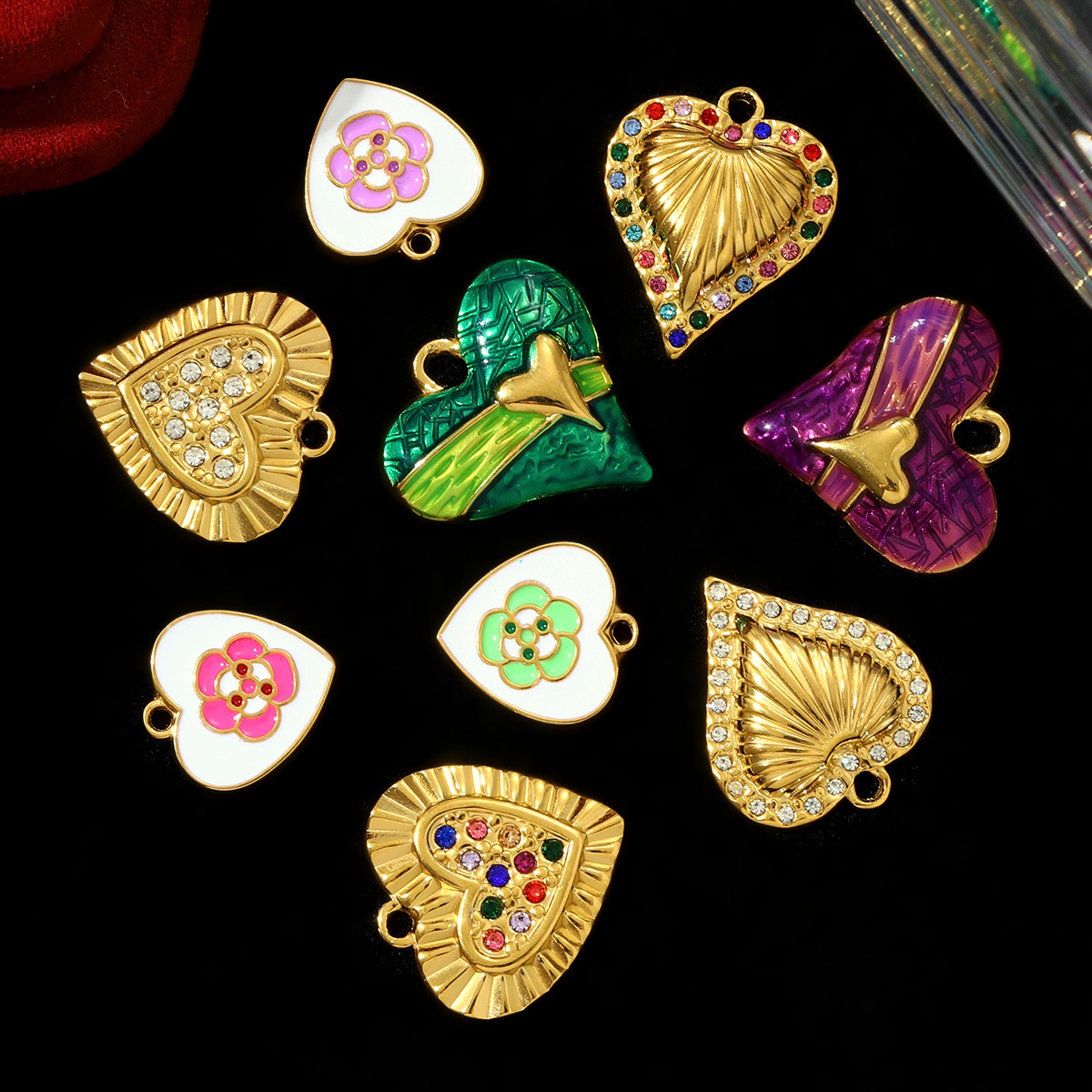 6pcs/pack Fashion Stainless Steel Rhinestone Heart Necklace Pendants Enamel Flower DIY Earring Charms Women Bird Eye Jewelry