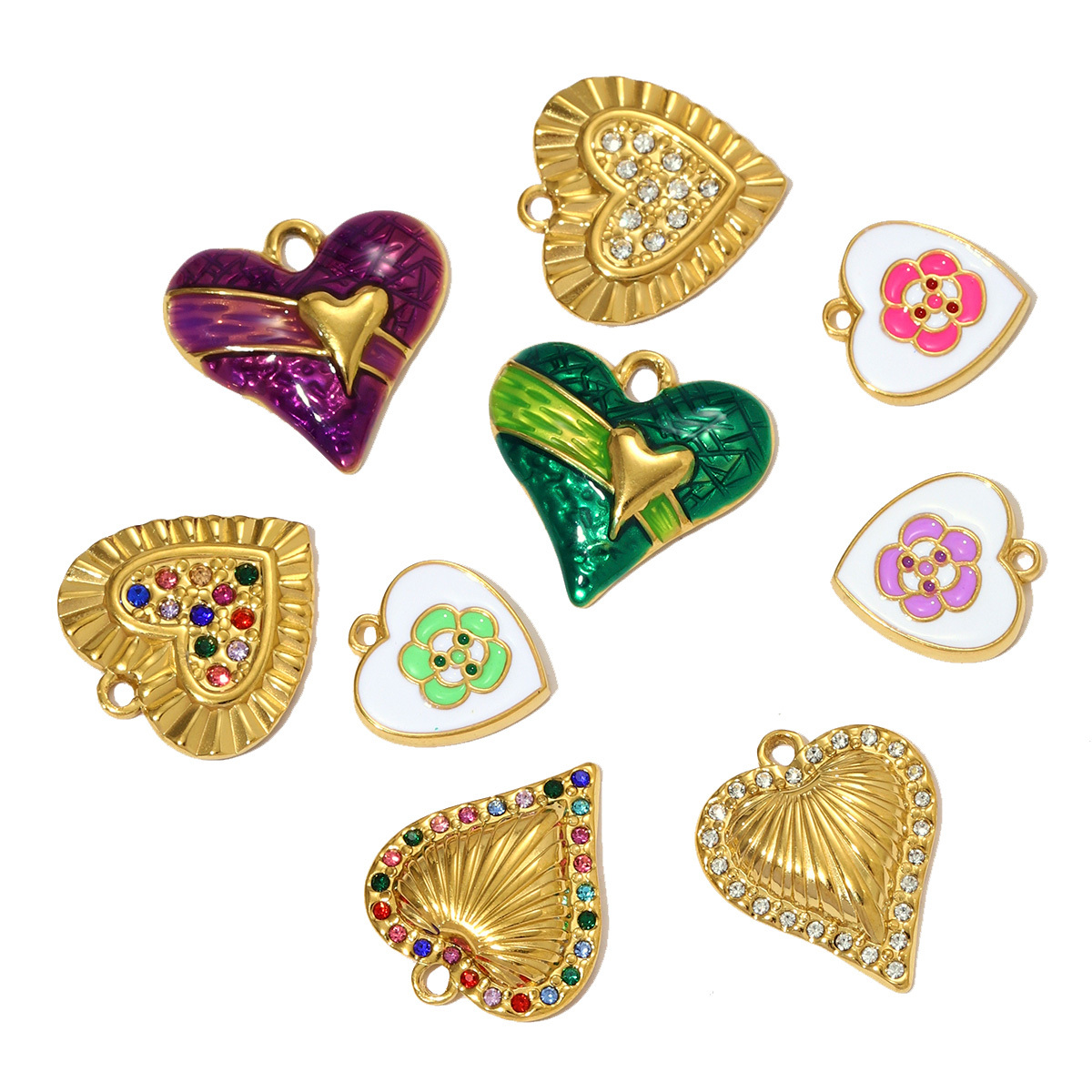 6pcs/pack Fashion Stainless Steel Rhinestone Heart Necklace Pendants Enamel Flower DIY Earring Charms Women Bird Eye Jewelry
