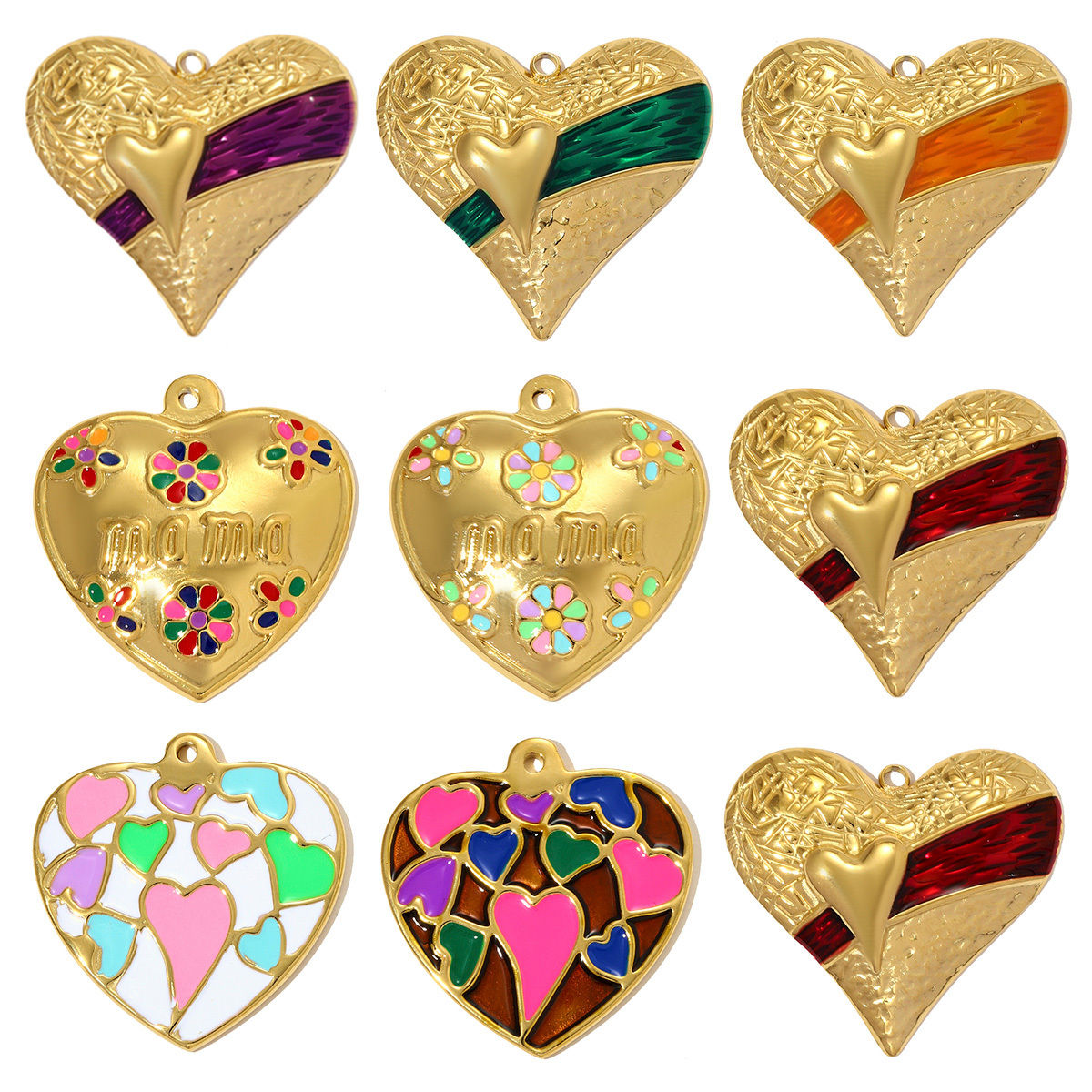 6pcs/pack Big Size Stainless Steel Enamel Rainbow Heart Necklace Pendants Love Mama DIY Earring Charms Women Flowers Jewelry