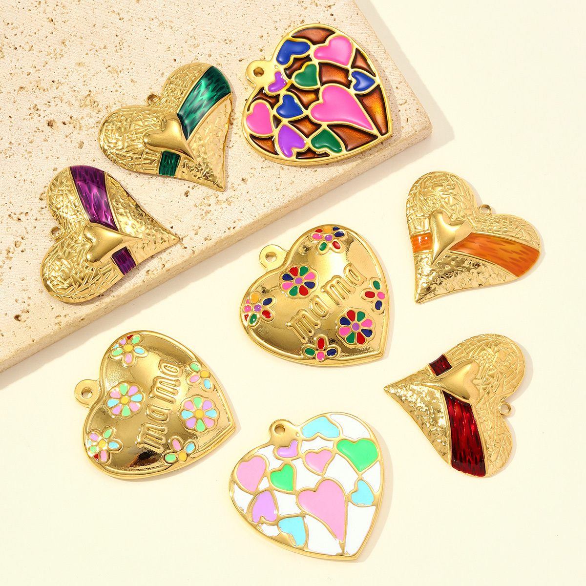 6pcs/pack Big Size Stainless Steel Enamel Rainbow Heart Necklace Pendants Love Mama DIY Earring Charms Women Flowers Jewelry