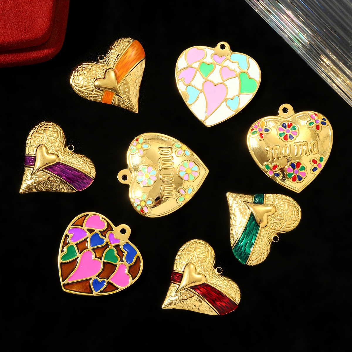 6pcs/pack Big Size Stainless Steel Enamel Rainbow Heart Necklace Pendants Love Mama DIY Earring Charms Women Flowers Jewelry