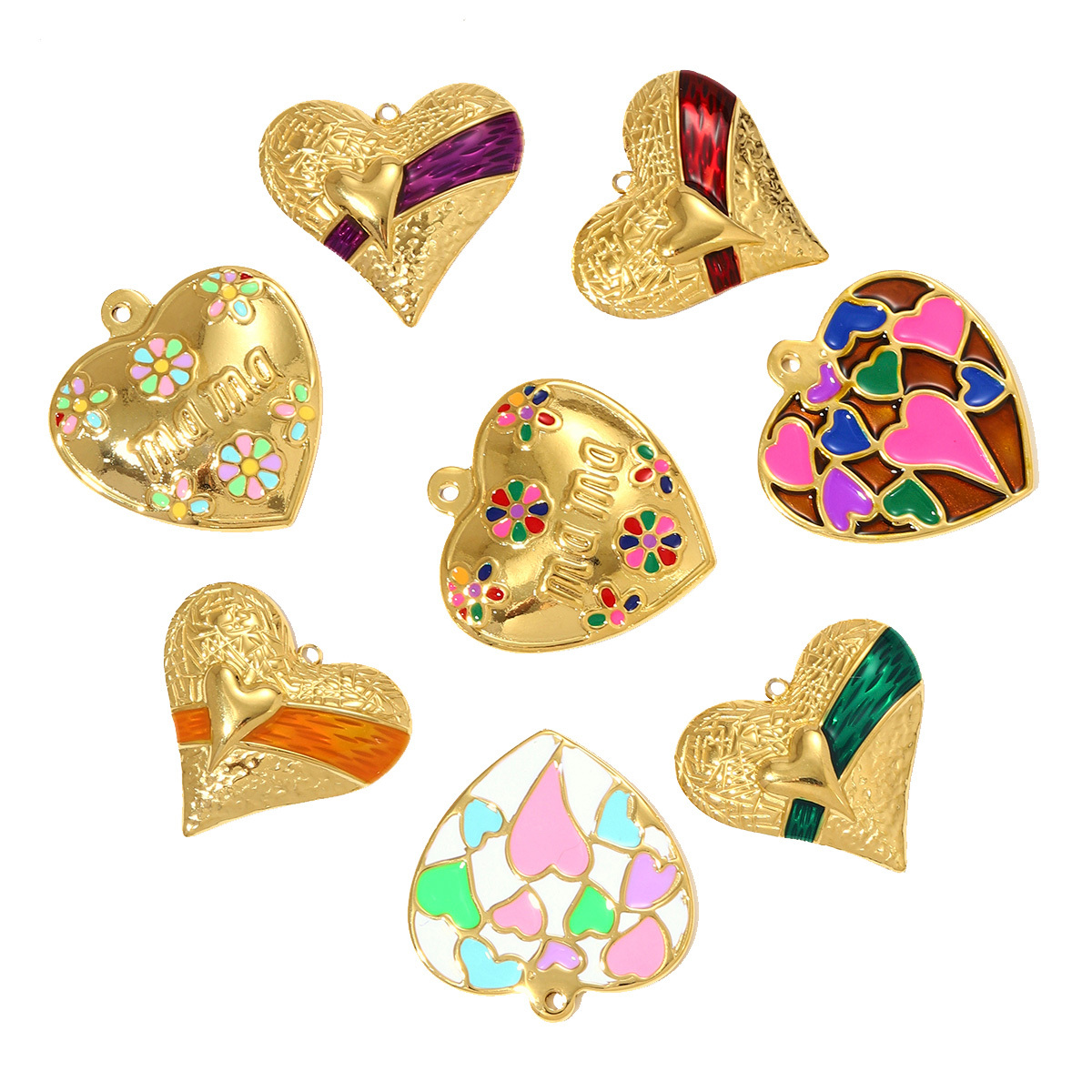 6pcs/pack Big Size Stainless Steel Enamel Rainbow Heart Necklace Pendants Love Mama DIY Earring Charms Women Flowers Jewelry