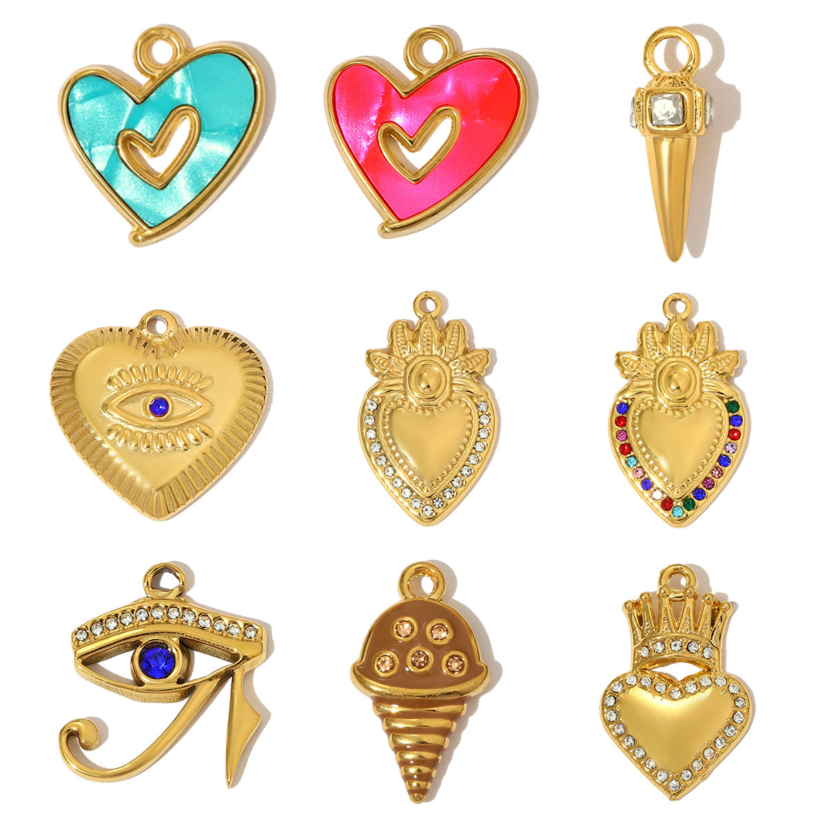 6pcs/pack Enamel Bruce's Eye Stainless Steel Necklace Pendant Rhinestone Crown Love Heart DIY Charm Women Ice Cream Cone Jewelry