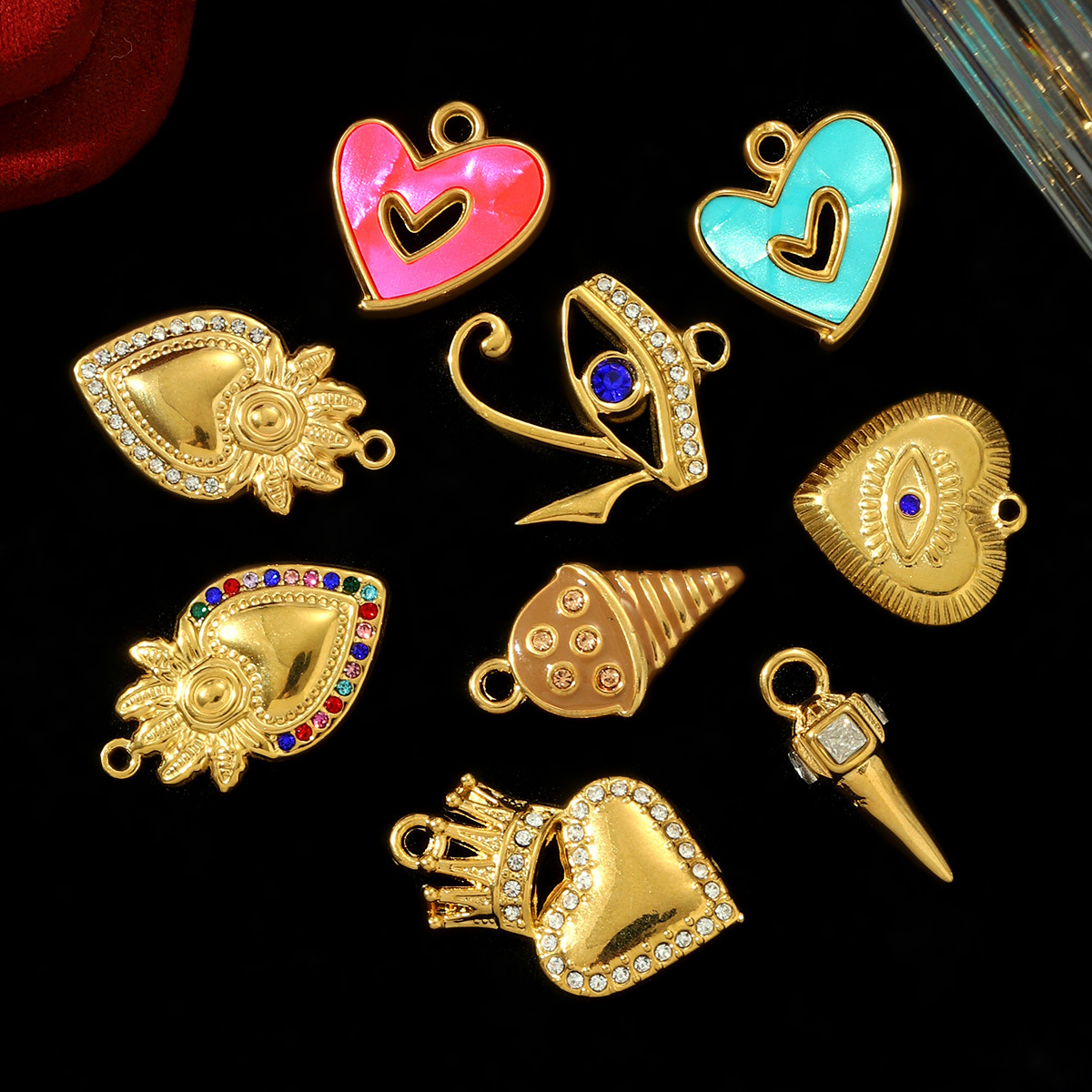 6pcs/pack Enamel Bruce's Eye Stainless Steel Necklace Pendant Rhinestone Crown Love Heart DIY Charm Women Ice Cream Cone Jewelry