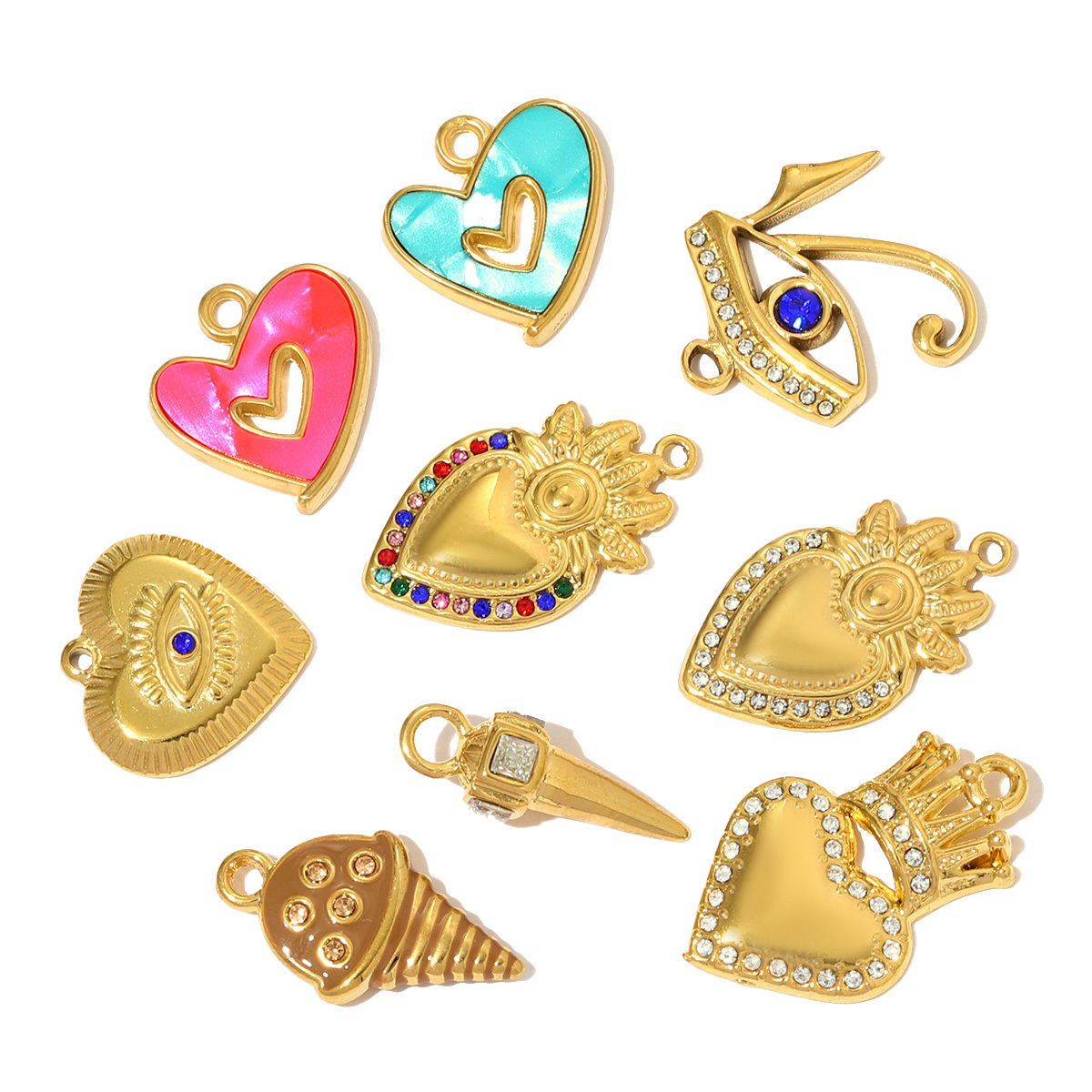 6pcs/pack Enamel Bruce's Eye Stainless Steel Necklace Pendant Rhinestone Crown Love Heart DIY Charm Women Ice Cream Cone Jewelry