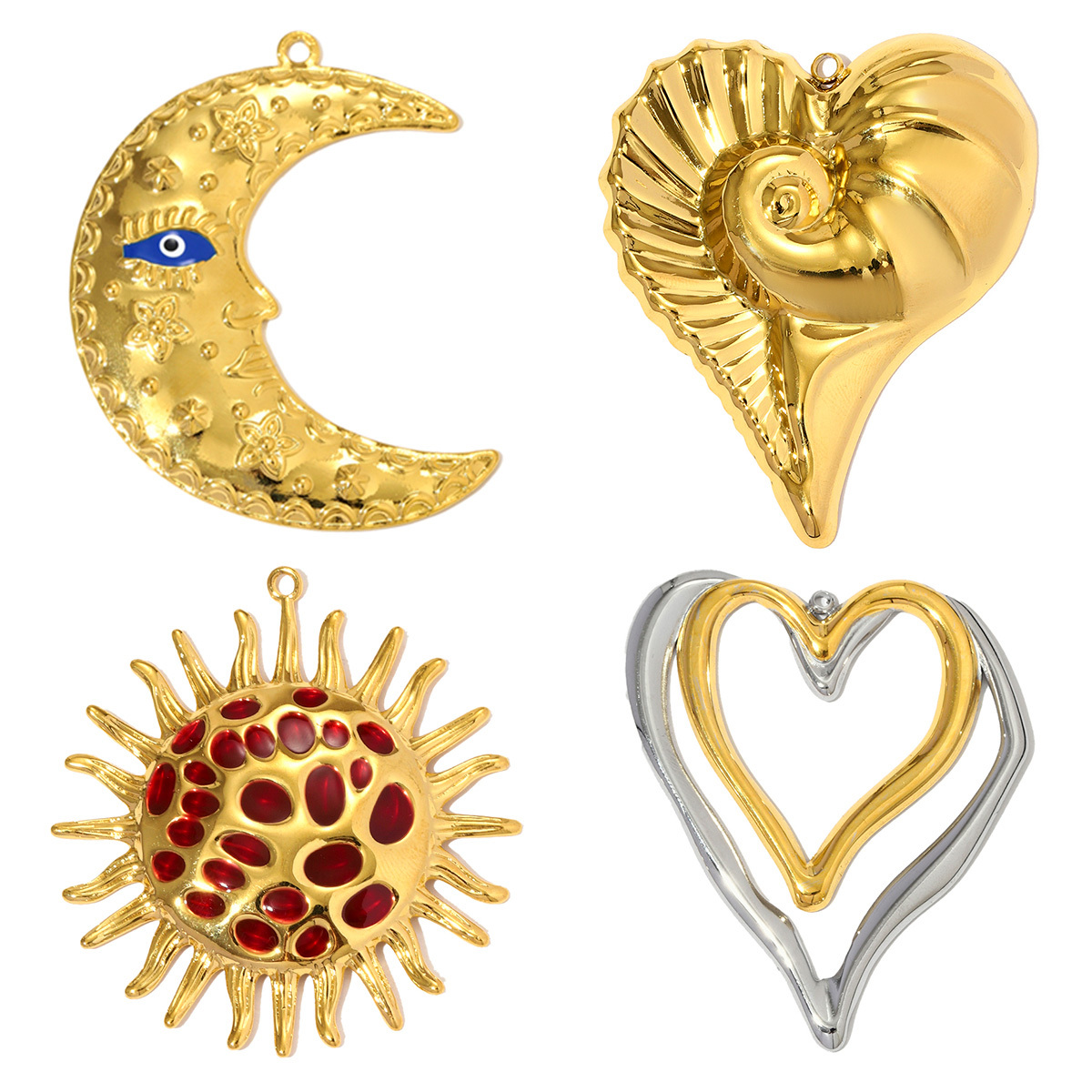 6pcs/pack Large Stainless Steel Hollow Heart Necklace Pendant Enamel Sun Crescent Moon DIY Earring Charm Women Heart Conch Snail Jewelry