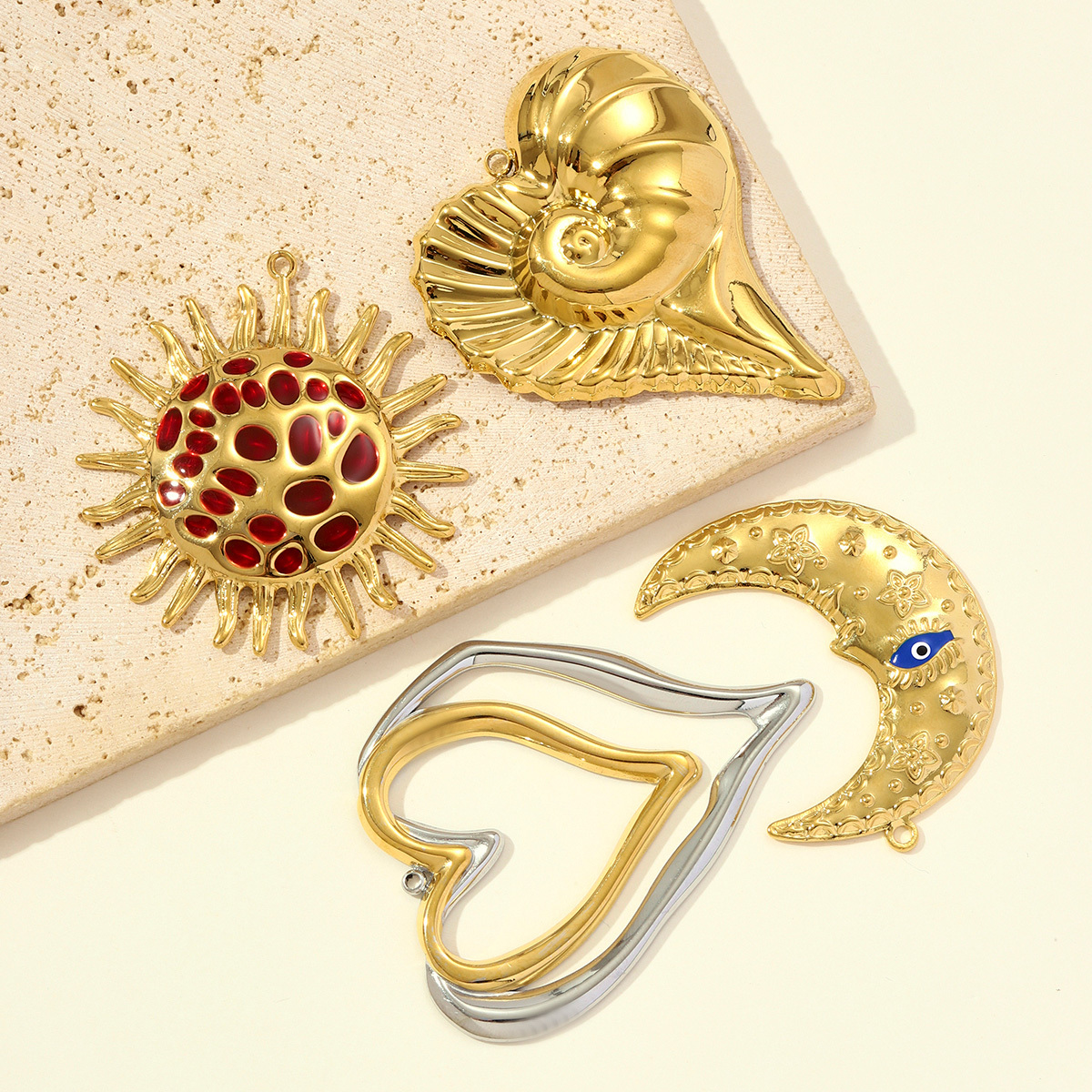 6pcs/pack Large Stainless Steel Hollow Heart Necklace Pendant Enamel Sun Crescent Moon DIY Earring Charm Women Heart Conch Snail Jewelry