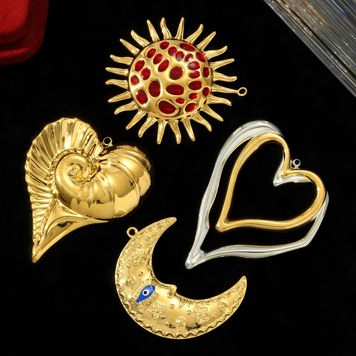 6pcs/pack Large Stainless Steel Hollow Heart Necklace Pendant Enamel Sun Crescent Moon DIY Earring Charm Women Heart Conch Snail Jewelry