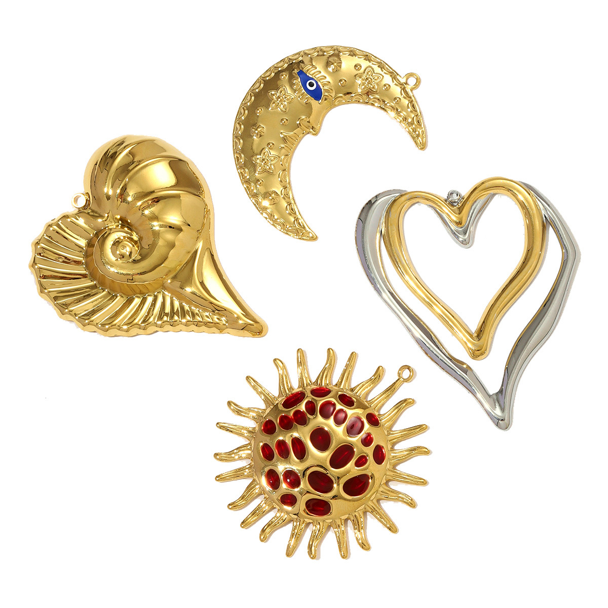 6pcs/pack Large Stainless Steel Hollow Heart Necklace Pendant Enamel Sun Crescent Moon DIY Earring Charm Women Heart Conch Snail Jewelry