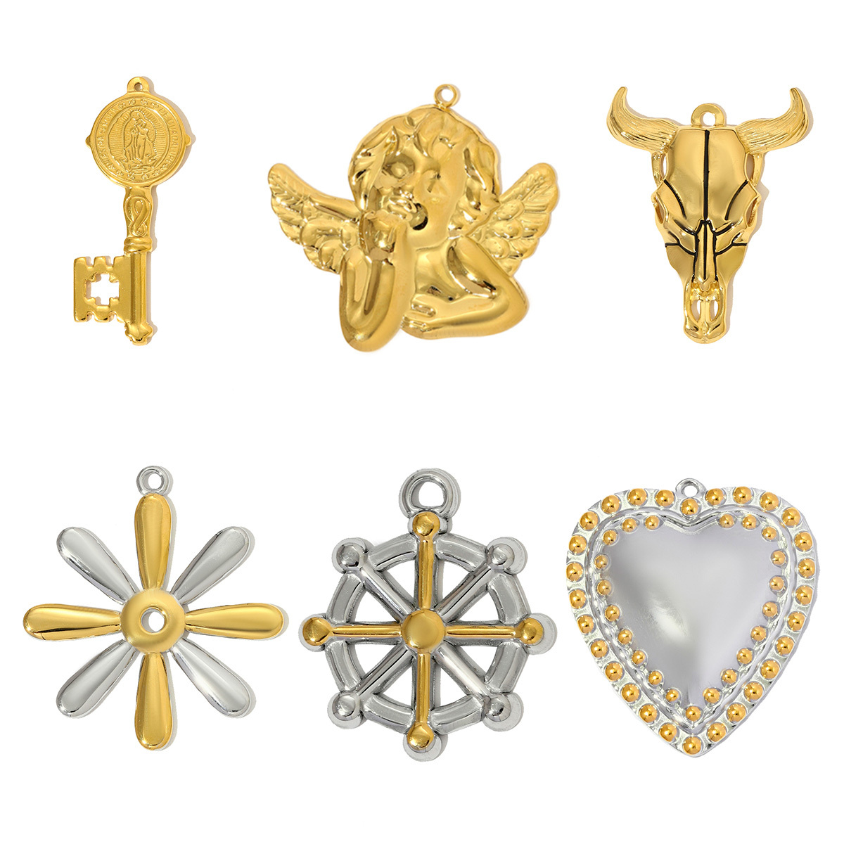 6pcs/pack Two Tone Stainless Steel Heart Flower Necklace Pendant Angel Key Rudder DIY Earring Charm Women Ox Head Jewelry