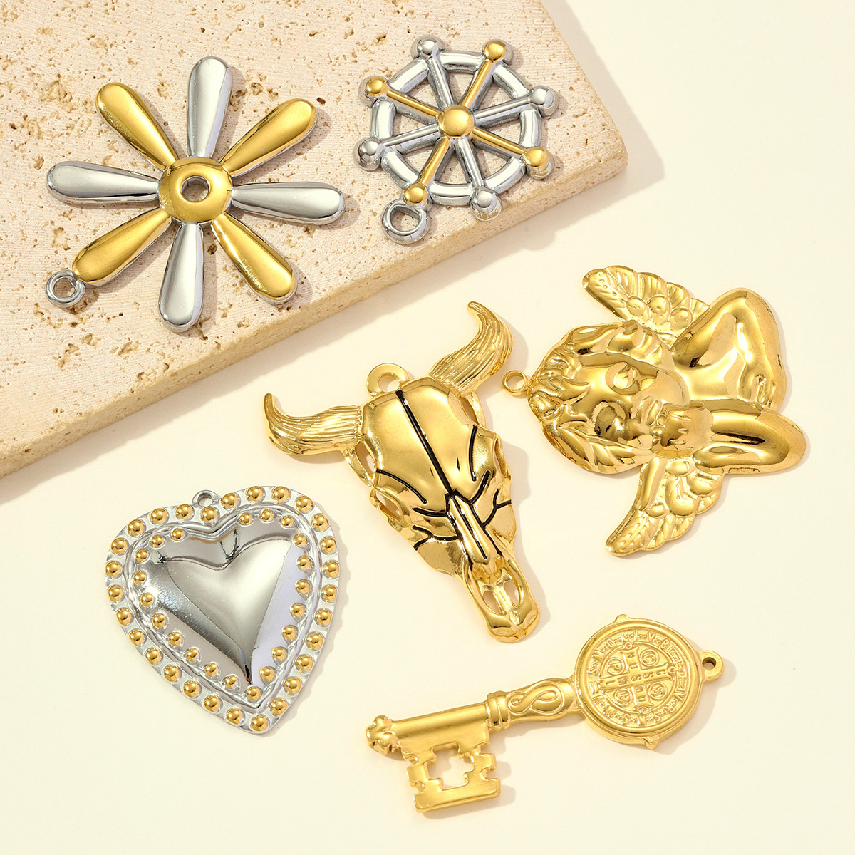 6pcs/pack Two Tone Stainless Steel Heart Flower Necklace Pendant Angel Key Rudder DIY Earring Charm Women Ox Head Jewelry