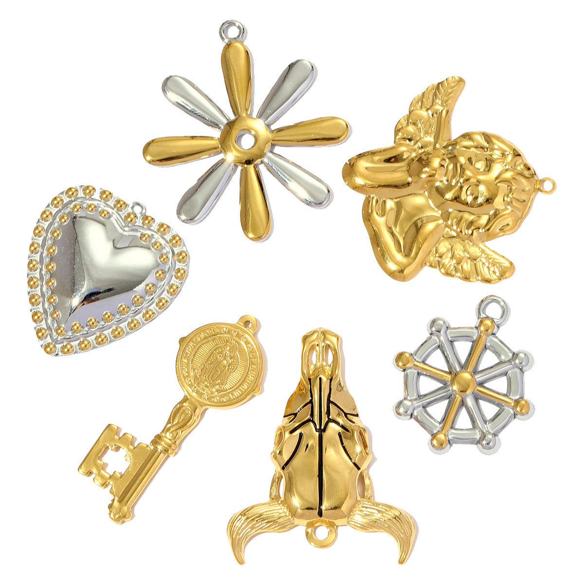 6pcs/pack Two Tone Stainless Steel Heart Flower Necklace Pendant Angel Key Rudder DIY Earring Charm Women Ox Head Jewelry