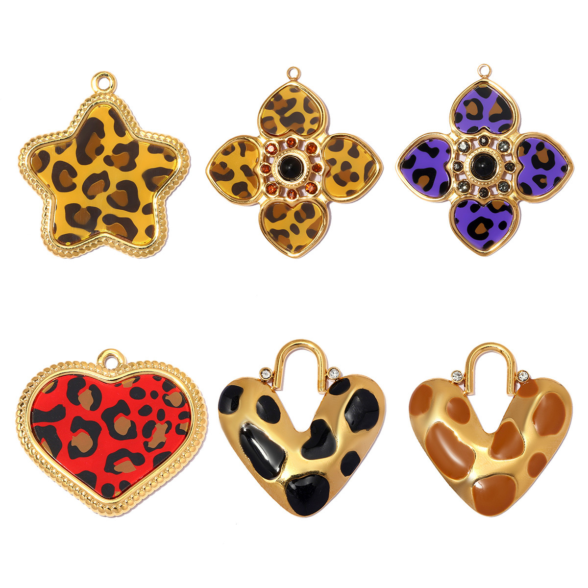 6pcs/pack Stainless Steel Leopard Print Heart DIY Earring Charms Enamel Star Flower Necklace Pendant Women Jewelry Wholesale