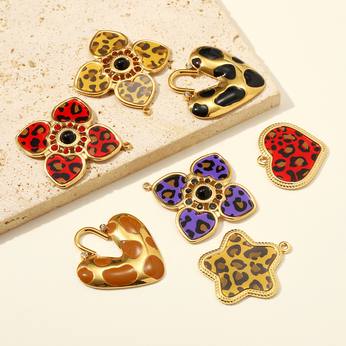 6pcs/pack Stainless Steel Leopard Print Heart DIY Earring Charms Enamel Star Flower Necklace Pendant Women Jewelry Wholesale