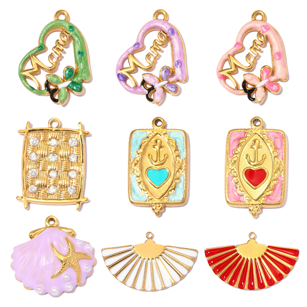 6pcs/pack Stainless Steel Love Mama Heart DIY Charms Enamel Fan Anchor Shell Necklace Pendant Mother's Day Gift Jewelry Wholesale