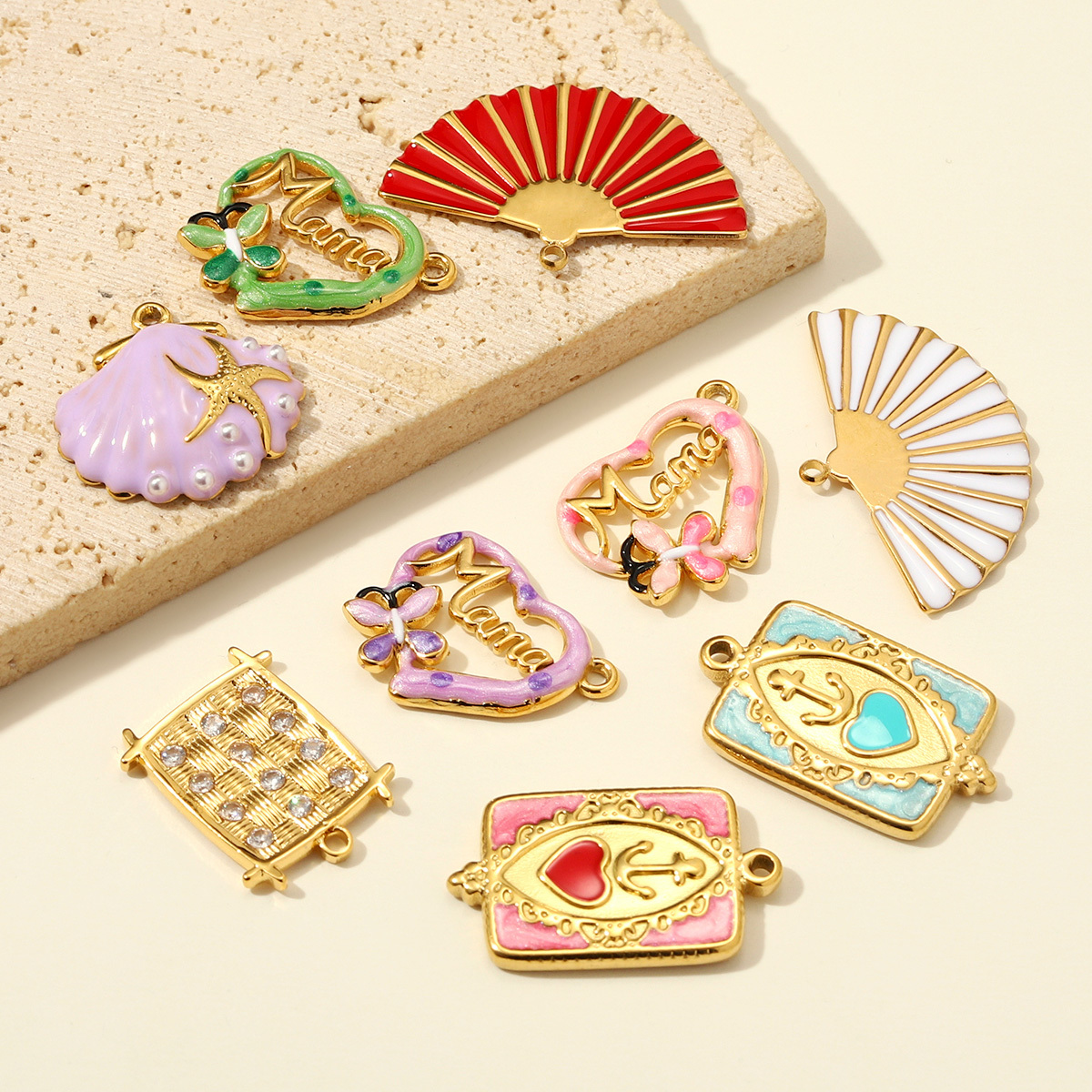6pcs/pack Stainless Steel Love Mama Heart DIY Charms Enamel Fan Anchor Shell Necklace Pendant Mother's Day Gift Jewelry Wholesale