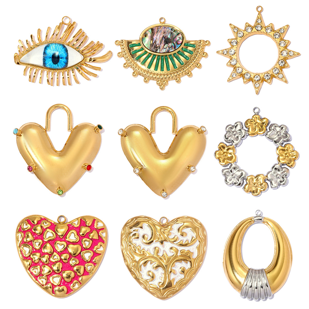 6pcs/pack Large Stainless Steel Enamel Eye DIY Earring Charms Flower Garland Necklace Pendant Woman Heart Sun Jewelry Wholesale