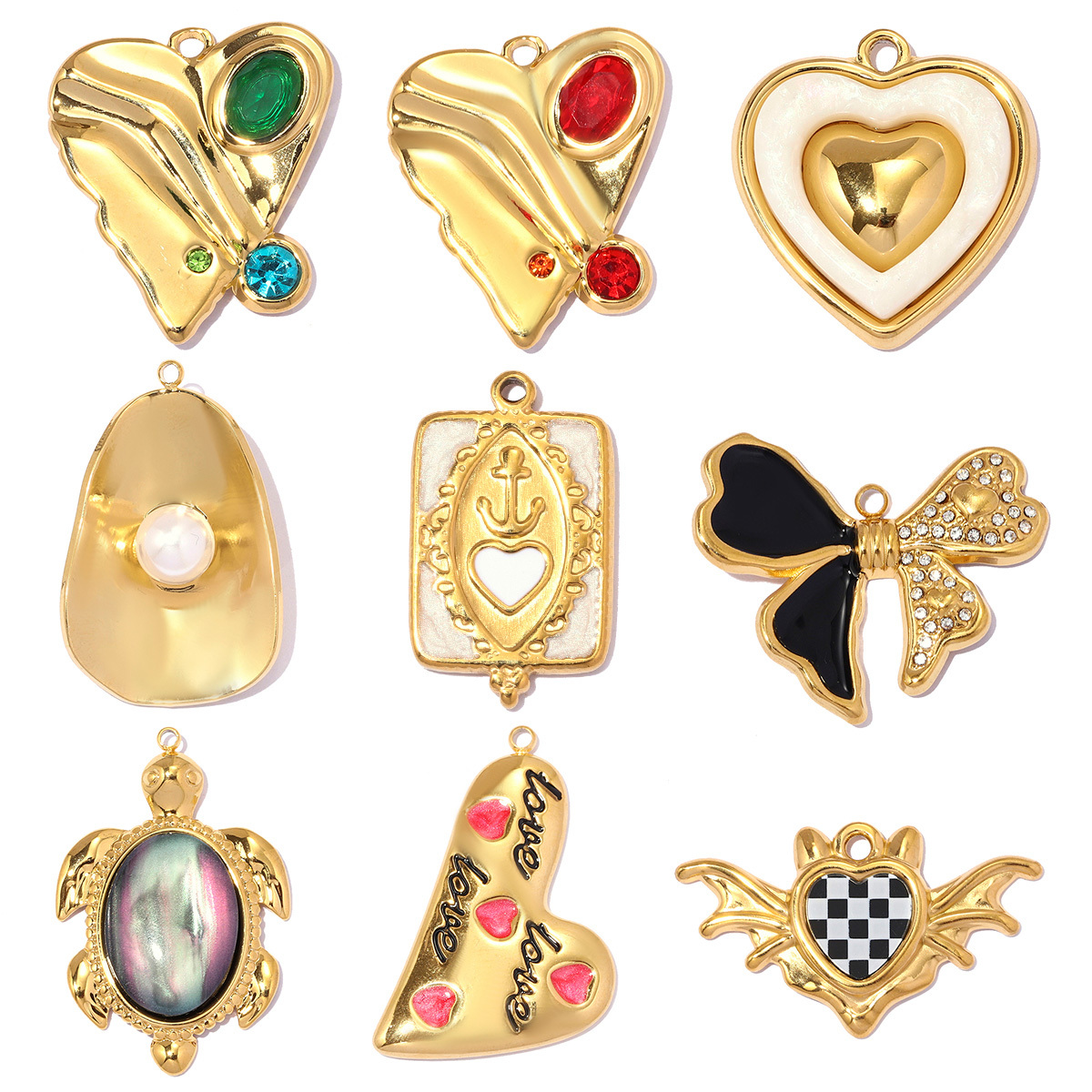 6pcs/pack Stainless Steel Zircon Love Heart DIY Earring Charms Owl Turtle Necklace Pendant Woman Bowknot Jewelry Wholesale