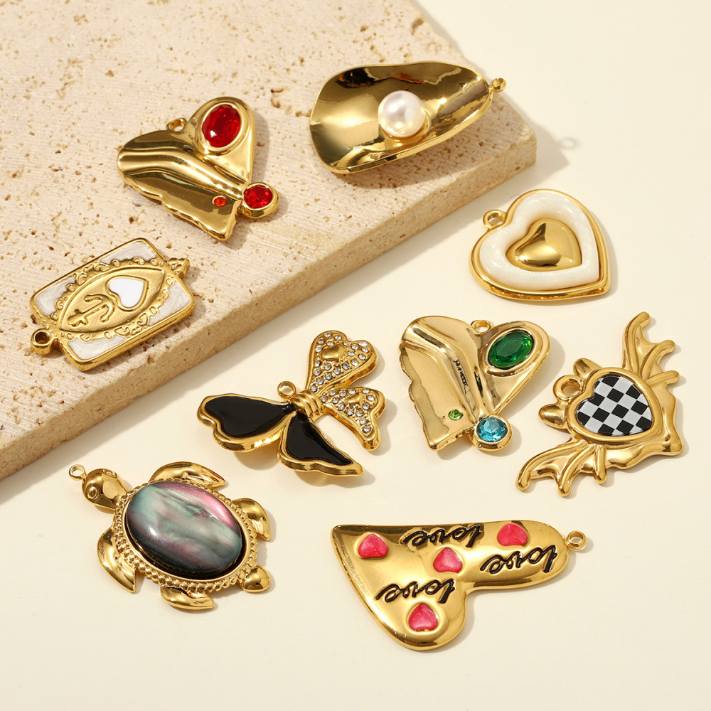 6pcs/pack Stainless Steel Zircon Love Heart DIY Earring Charms Owl Turtle Necklace Pendant Woman Bowknot Jewelry Wholesale