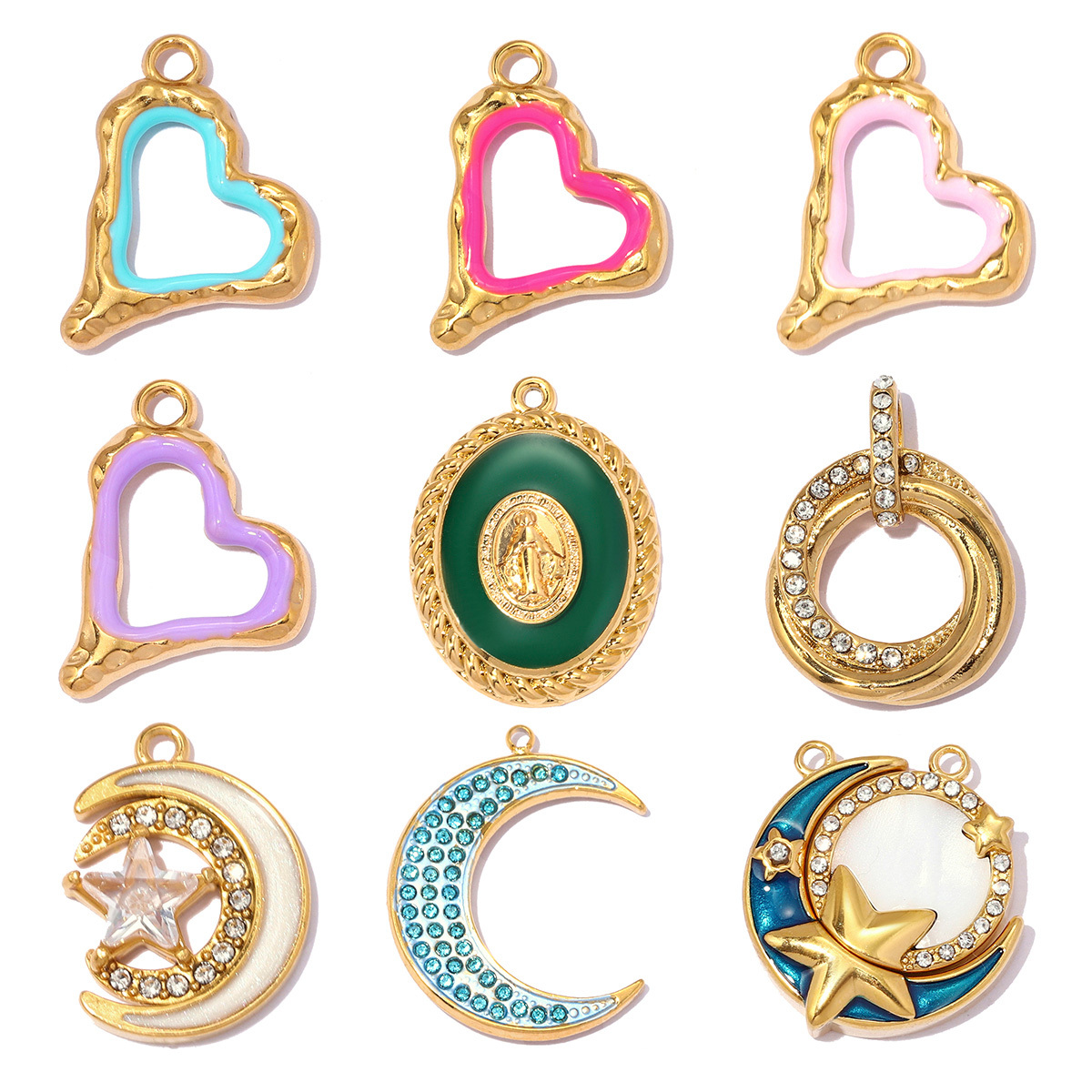 6pcs/pack Stainless Steel Zircon Star Crescent Moon DIY Charms Hollow Heart Necklace Pendant Woman Oval Circle Jewelry Wholesale