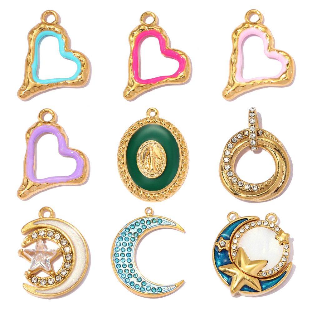 6pcs/pack Stainless Steel Zircon Star Crescent Moon DIY Charms Hollow Heart Necklace Pendant Woman Oval Circle Jewelry Wholesale
