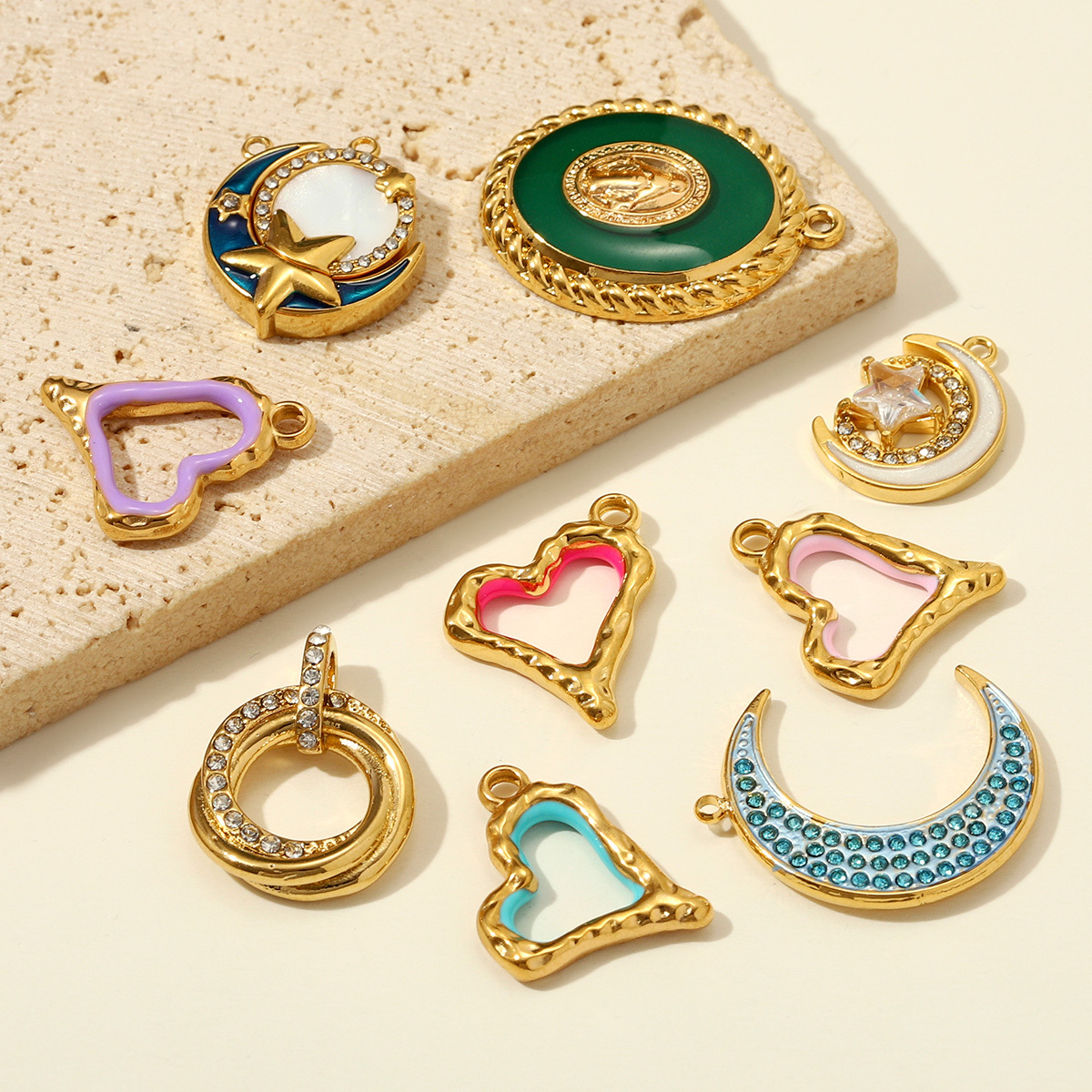 6pcs/pack Stainless Steel Zircon Star Crescent Moon DIY Charms Hollow Heart Necklace Pendant Woman Oval Circle Jewelry Wholesale