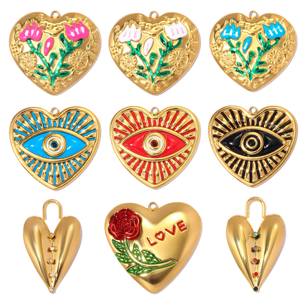 6pcs/pack Fashion Stainless Steel Rose Flower DIY Earring Charms Love Heart Necklace Pendants Woman Evil Eye Jewelry Wholesale