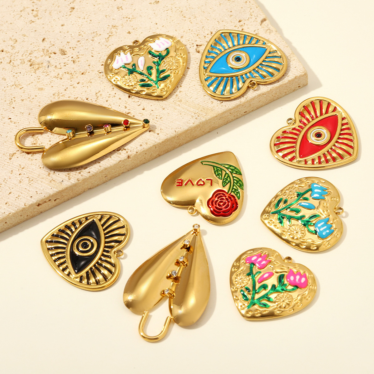 6pcs/pack Fashion Stainless Steel Rose Flower DIY Earring Charms Love Heart Necklace Pendants Woman Evil Eye Jewelry Wholesale