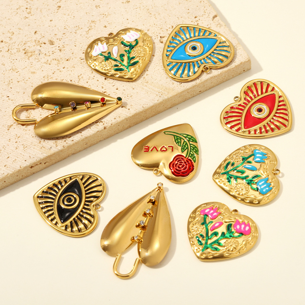 6pcs/pack Fashion Stainless Steel Rose Flower DIY Earring Charms Love Heart Necklace Pendants Woman Evil Eye Jewelry Wholesale