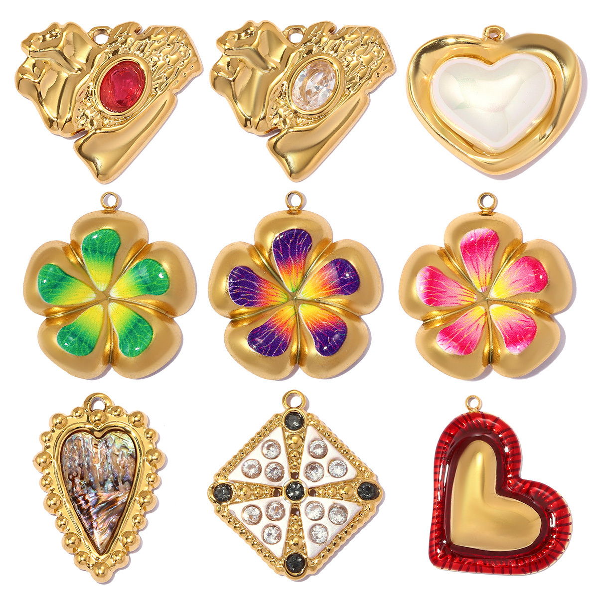 6pcs/pack Stainless Steel Irregular Love Heart DIY Charms Lucky Flower Necklace Pendants Woman Zircon Cross Jewelry Wholesale