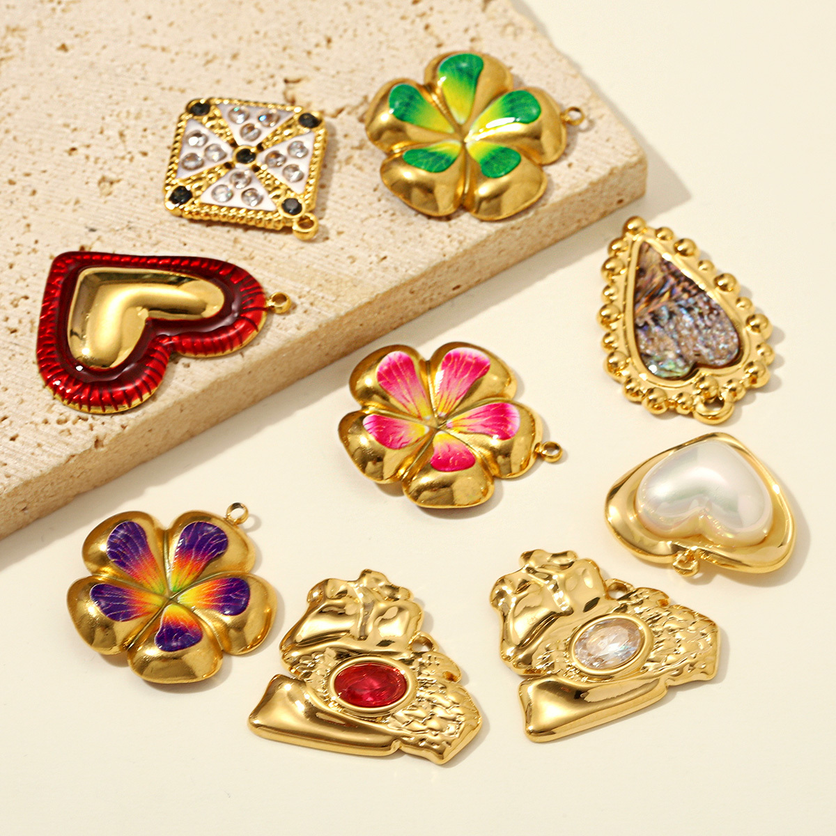 6pcs/pack Stainless Steel Irregular Love Heart DIY Charms Lucky Flower Necklace Pendants Woman Zircon Cross Jewelry Wholesale