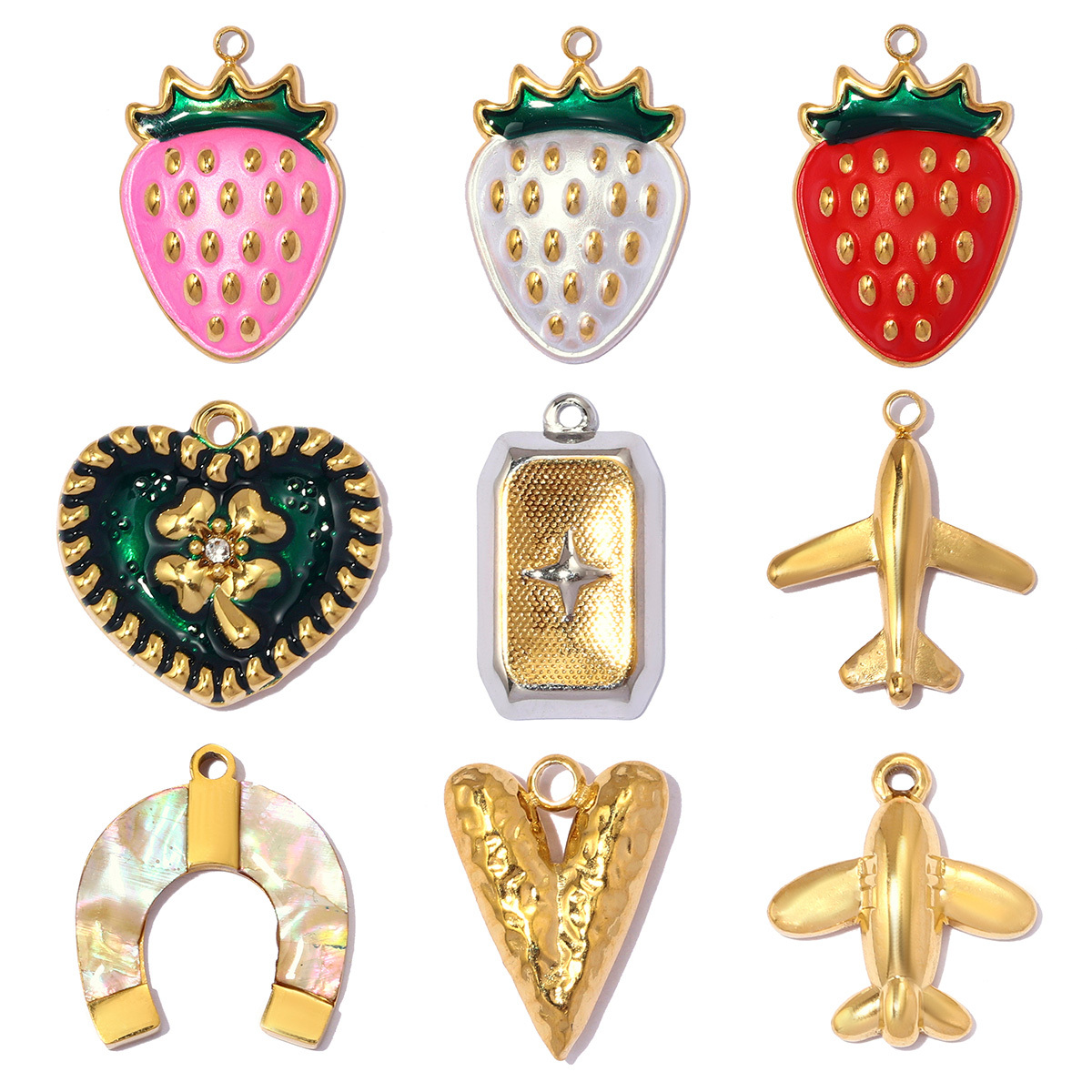 6pcs/pack Stainless Steel Enamel Strawberry Airplane DIY Charms Clover Heart Necklace Pendants Woman Horseshoe Jewelry Wholesale