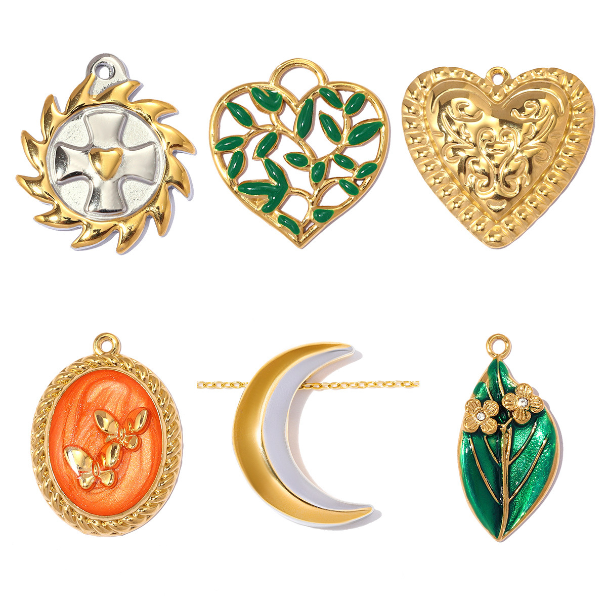 6pcs/pack Stainless Steel Cross Crescent Moon DIY Charms Flower Leaf Necklace Pendants Woman Heart Butterfly Jewelry Wholesale