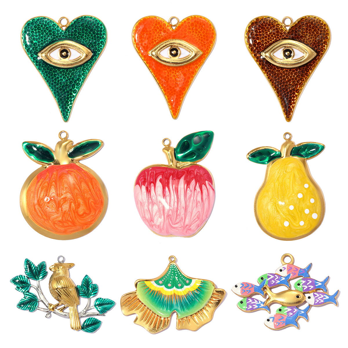 6pcs/pack Stainless Steel Apple Pear Orange DIY Charms Ginkgo Leaf Bird Necklace Pendants Woman Heart Evil Eye Jewelry Wholesale